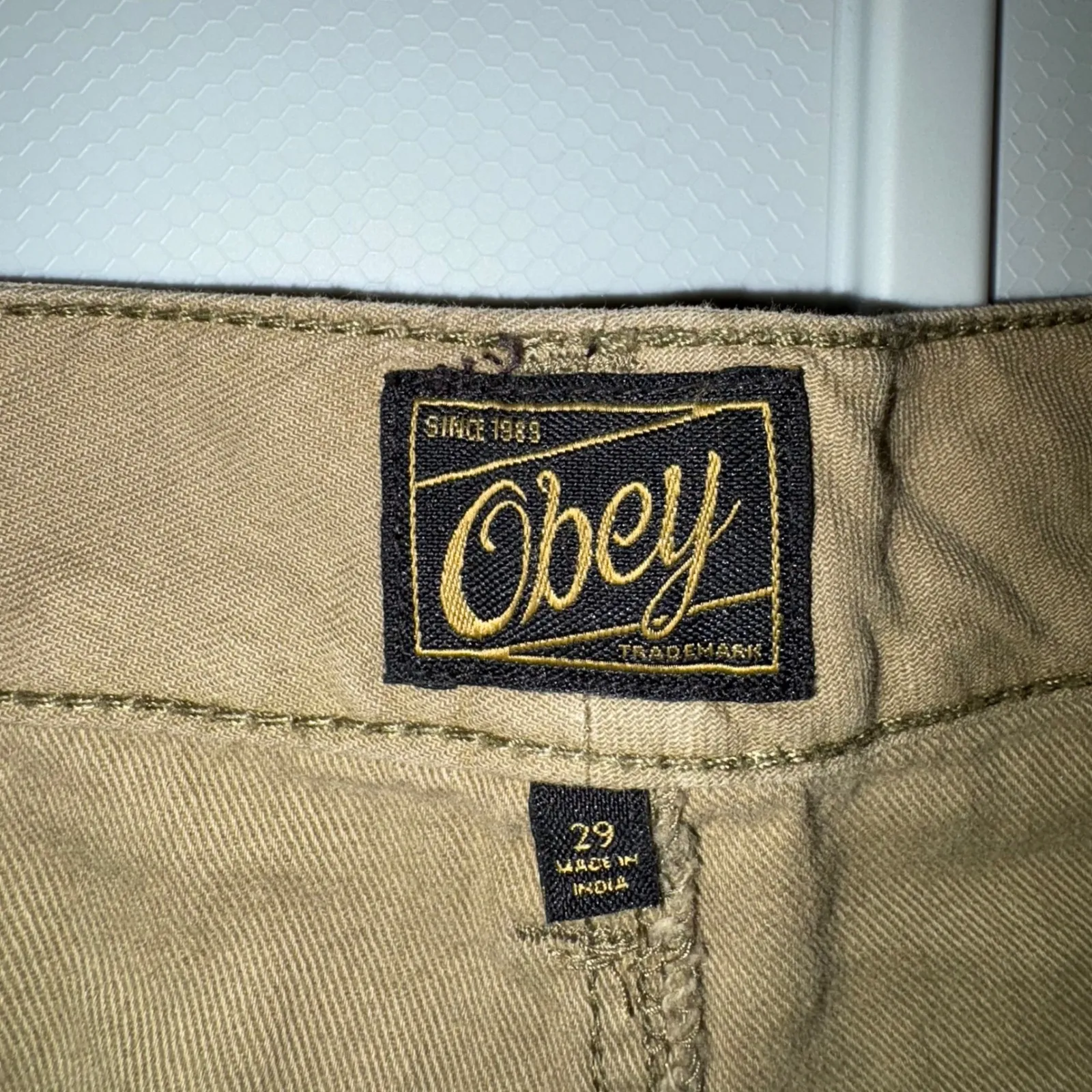 Obey Embroidered Shorts Lace Up Front Frayed‎ Hem Casual Olive Green Size 29 - Image 3