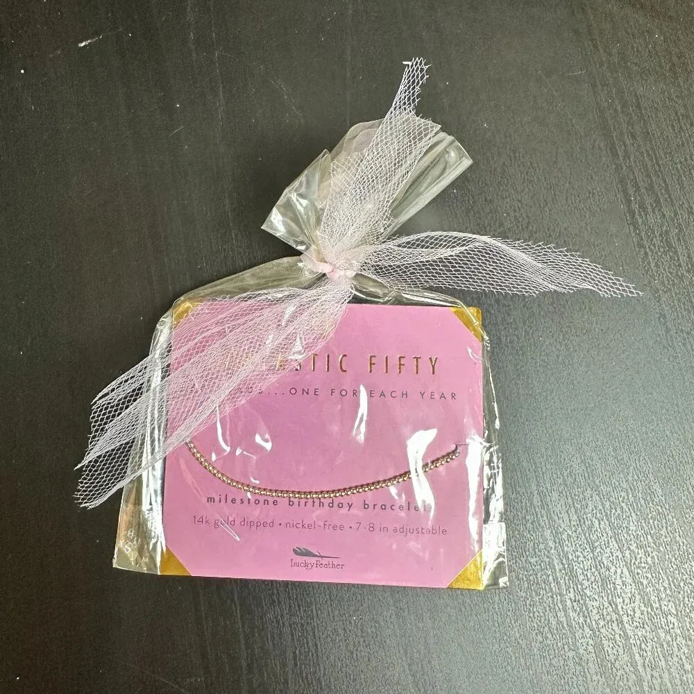 NIB LUCKY FEATHER 14K Gold Dipped Milestone 50th Birthday Stretch Bracelet - Image 6