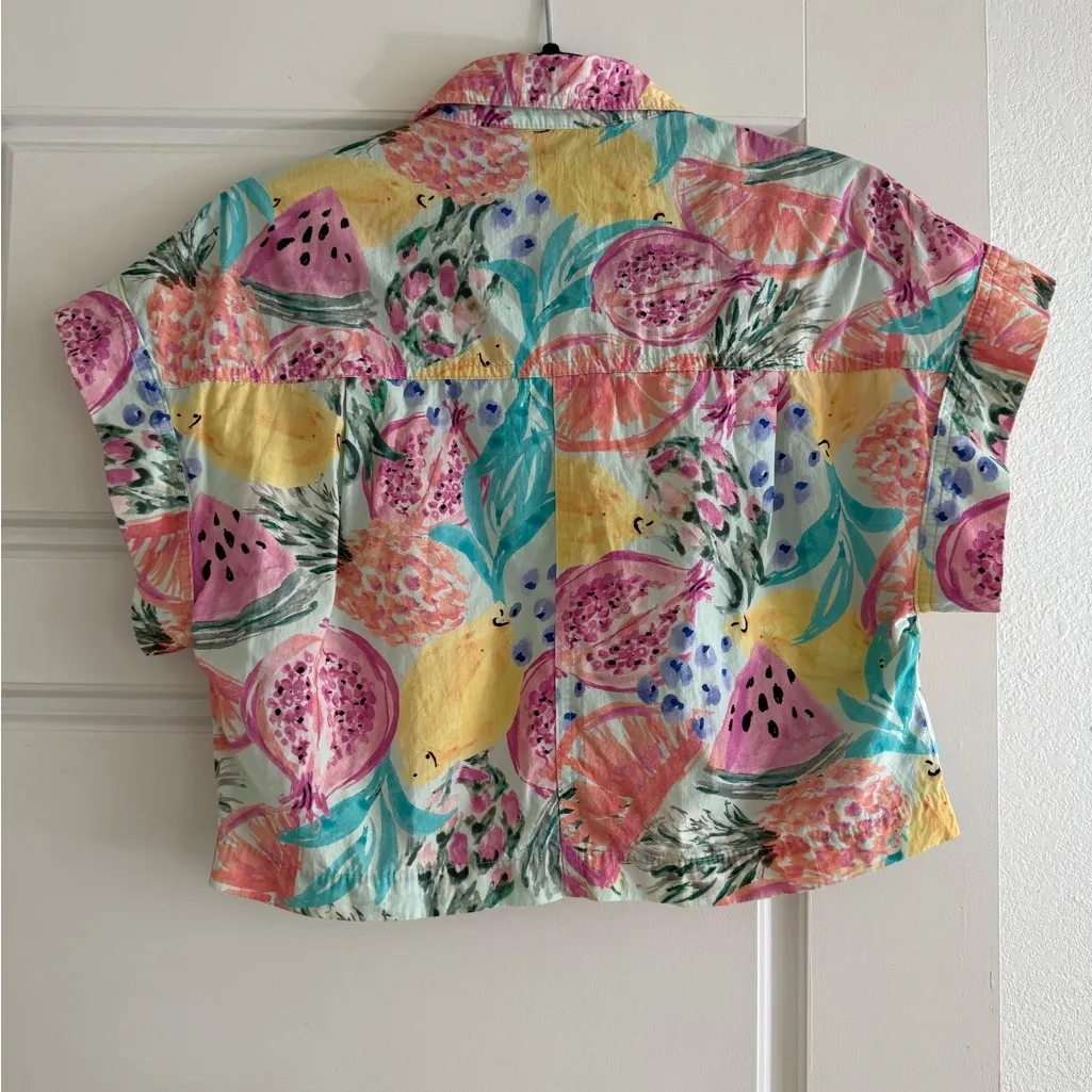 Zara Women’s Short Sleeve Cropped Button Down Colorful Fruit Print Shirt Size XS - Image 3