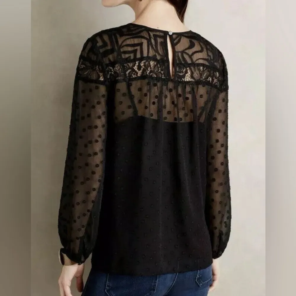 ANTHROPOLOGIE HD in Paris Black Long Sleeve Lace Sheer Slip Cami Blouse Size 2 - Image 2