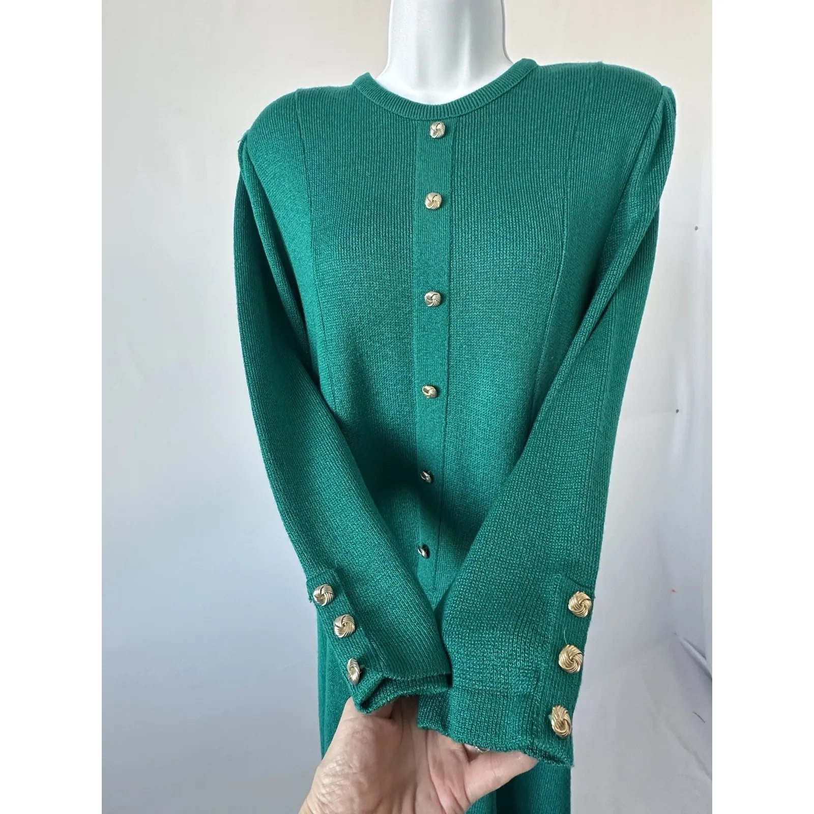 VTG Mita Women's Knit Sweater Dress Sz 16 Krinkle Spun Teal Gold Accents (b50) Green - Image 6