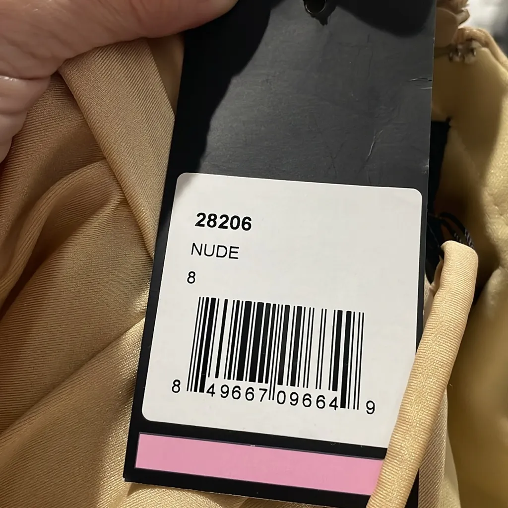 NWT La Femme #28206 Cross
Back Satin Jersey Trumpet Gown Gold Nude Women’s Sz 8‎ - Image 5