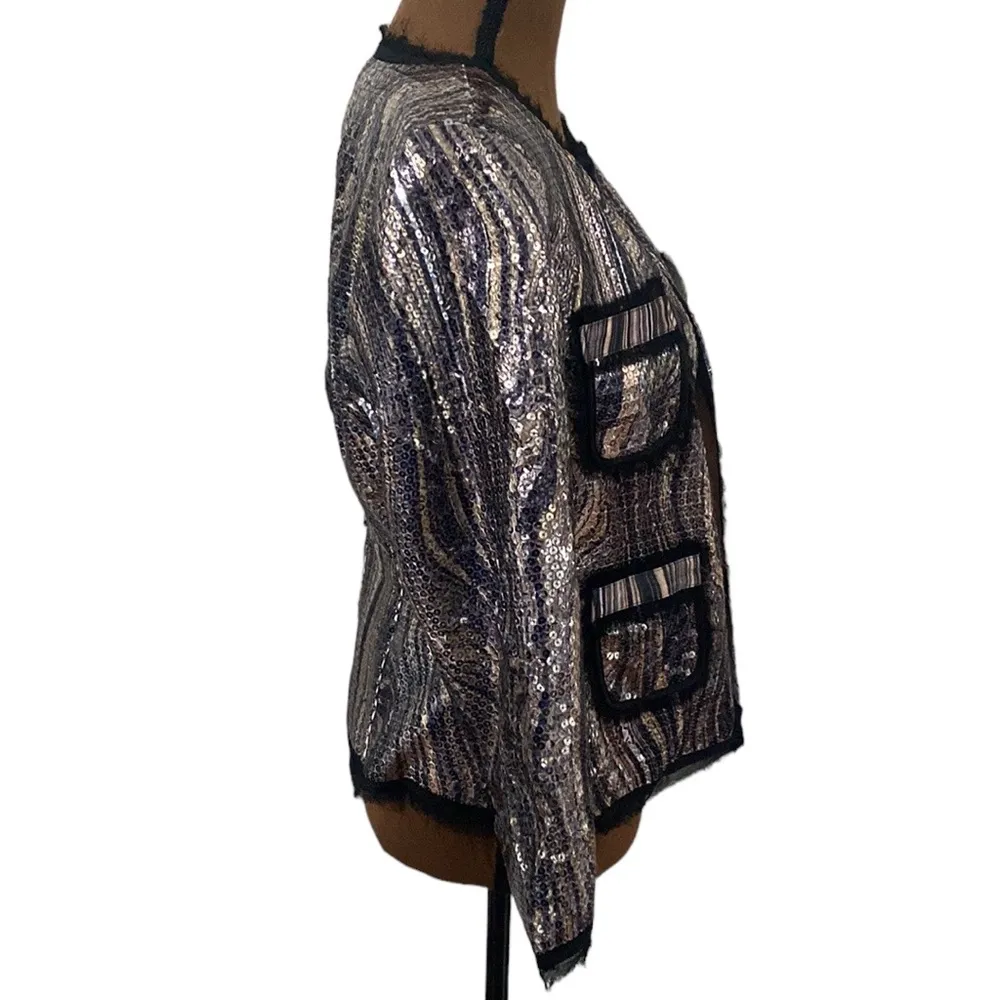 Cache sequined swirl patch pocket fringed cardigan evening jacket size M - Image 3