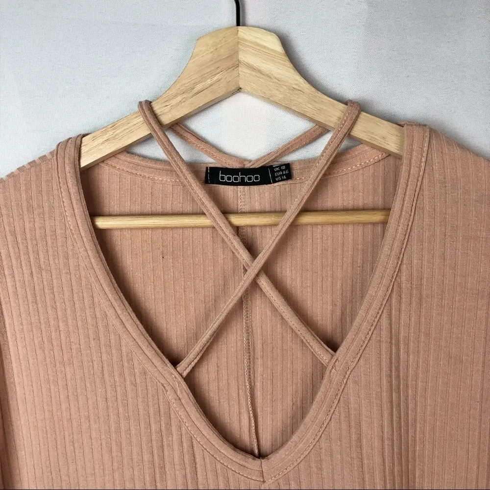 BooHoo Light Blush Pink Cross Front Strap Ribbed Short Sleeve T-Shirt 14 - Image 6