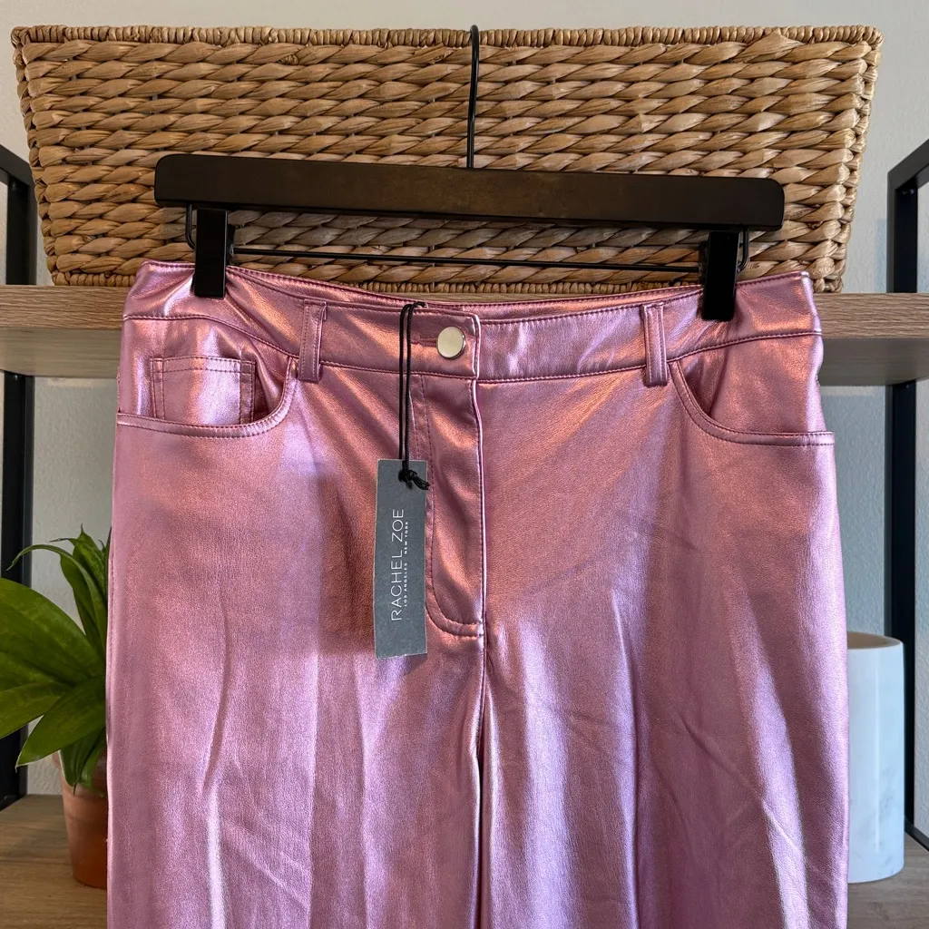 NWT Rachel Zoe High-Rise Metallic Pink Soft Faux Leather Ankle Pants, 10 - Image 3