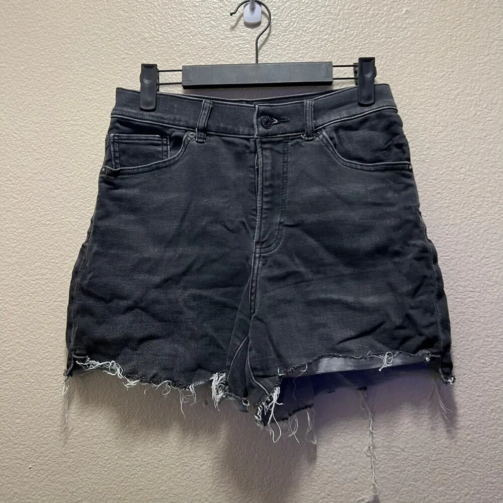 Express Midi High Rise Shorts Black Denim Jeans Cotton Stretch Dark Wash Sz 4 - Image 2