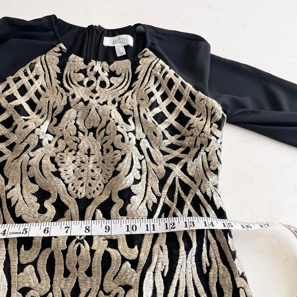 Badgley Mischka Belle Black Gold Embroidered Long Sleeve Cocktail Dress Size 10 - Image 5