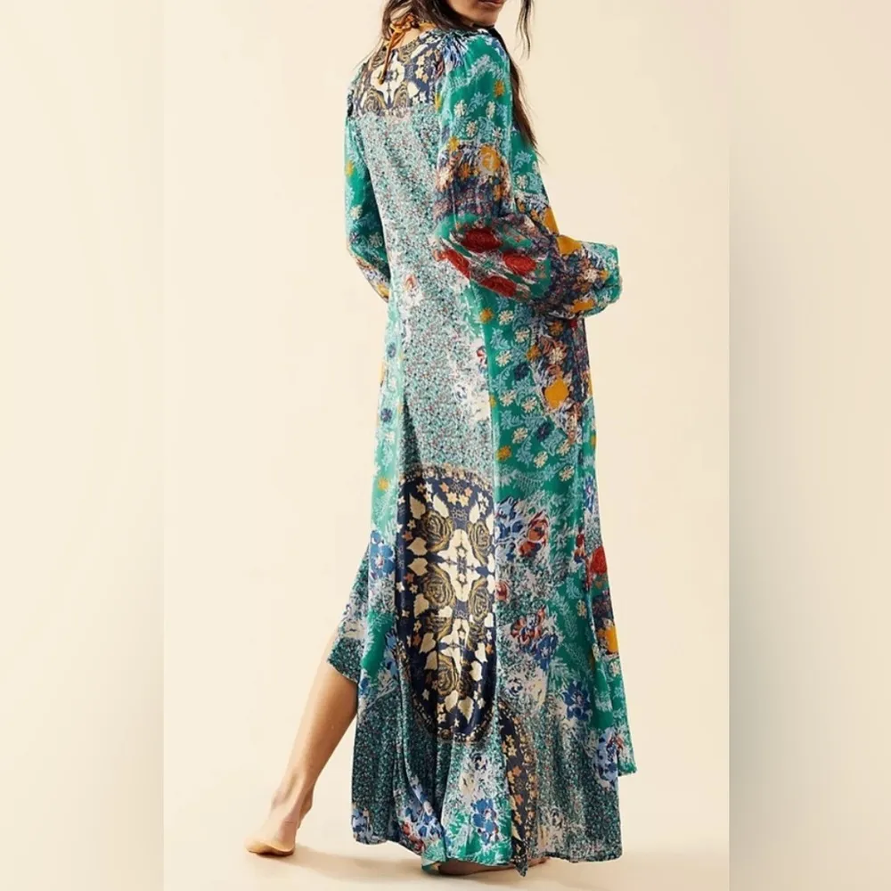 Free People Marais Printed Midi maxi high low button Dress fall long sleeve XS - Image 5