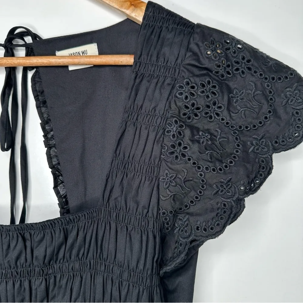 Jason Wu Black Open Back Eyelet Smocked Maxi Dress Size Large - Image 4