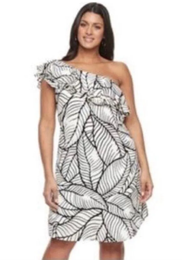 Apt. 9 Asymmetrical White/Black Leaf Print Ruffle One Shoulder Shift Dress - Image 3