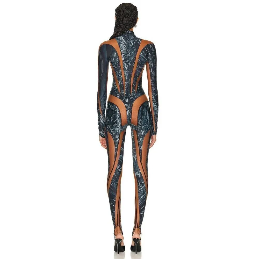 MUGLER Womens Long Sleeve Jumpsuit in Warped Snake Black Nude 34 New Catsuit Size undefined - Image 2