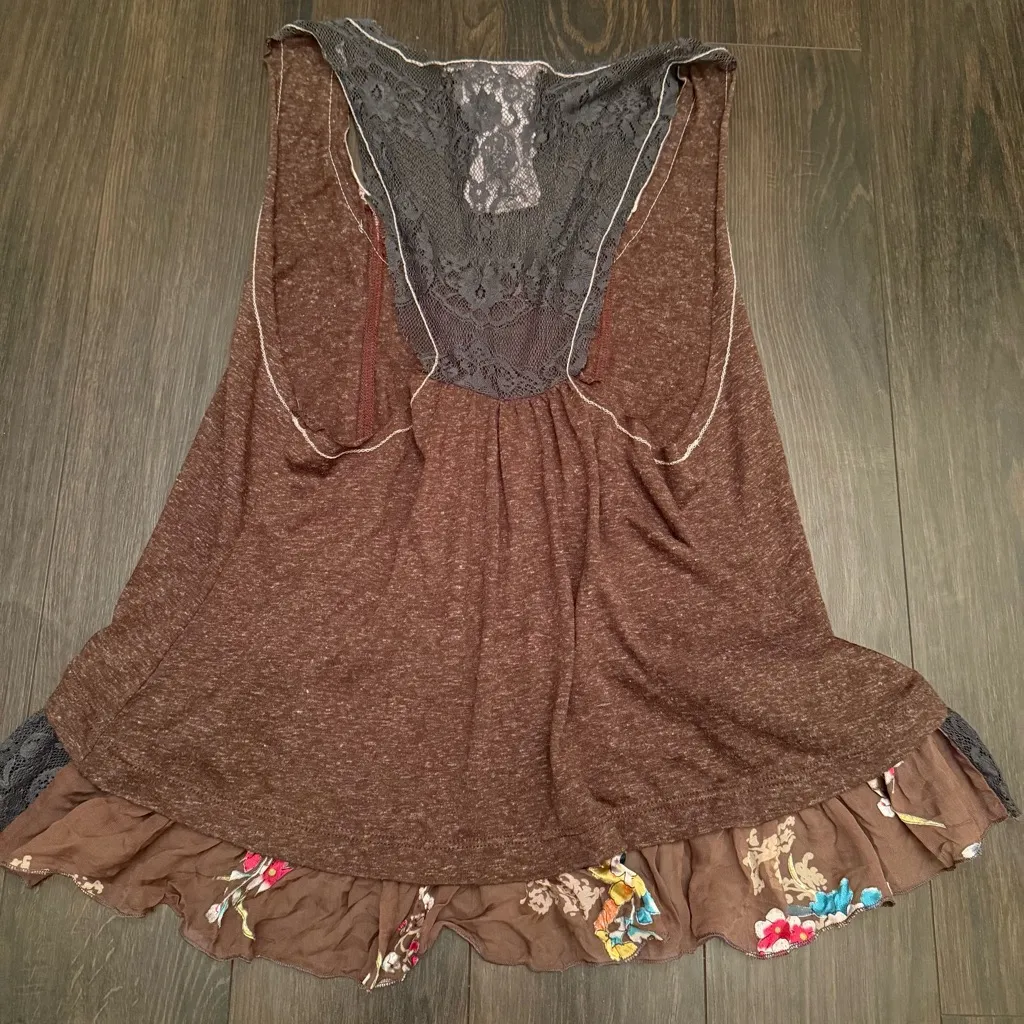 Anthropologie Scrapbook Originals Vintage Brown and Gray Lace Trim Blouse - Image 2