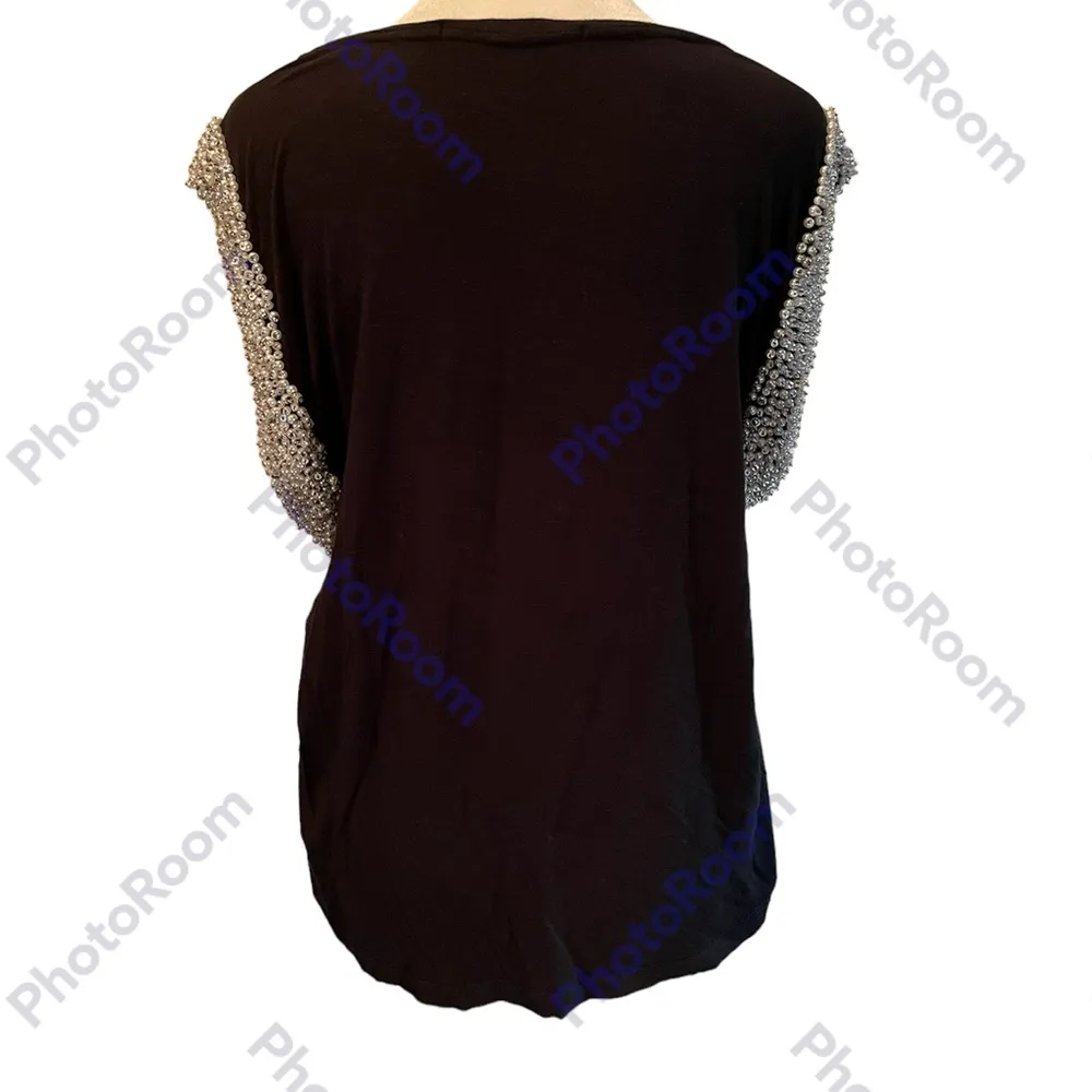 Carmim Lovers Black Sleeveless Tank Top with White Sparkly Beaded Sleeves Size L - Image 8
