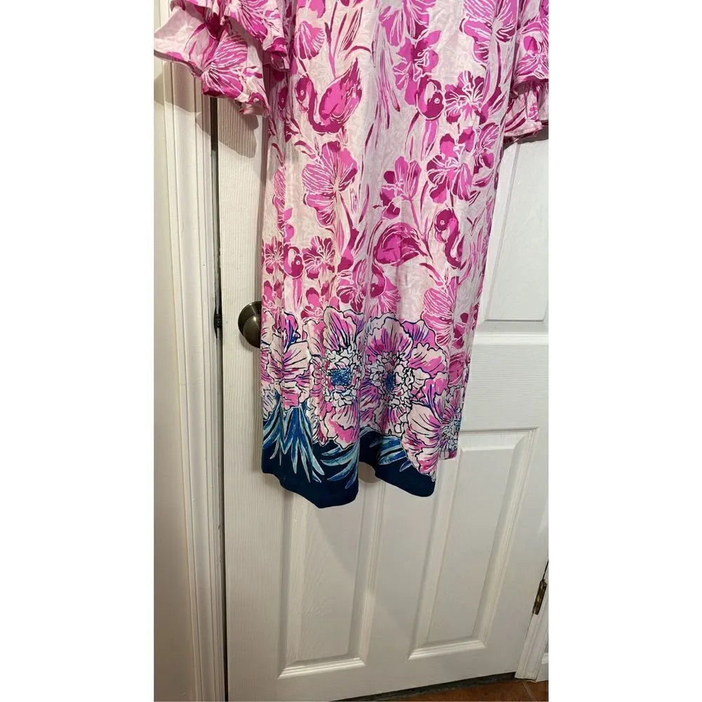 Lilly Pulitzer Lula Dress Coral Reef Tint Flamingle Engineered Waffle sleeves S - Image 4