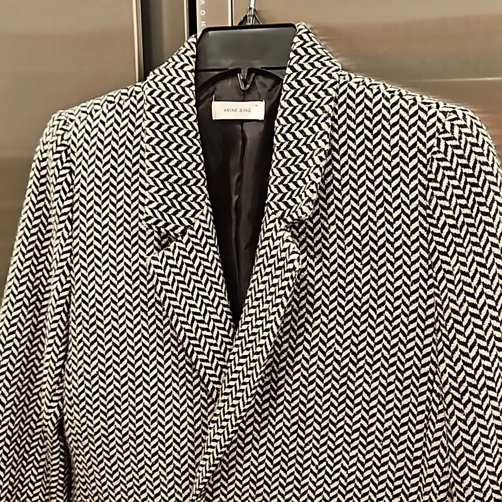💕ANINE BING💕 Fishbone Blazer ~ Wool Blend Black & Off-White Print XS - Image 14