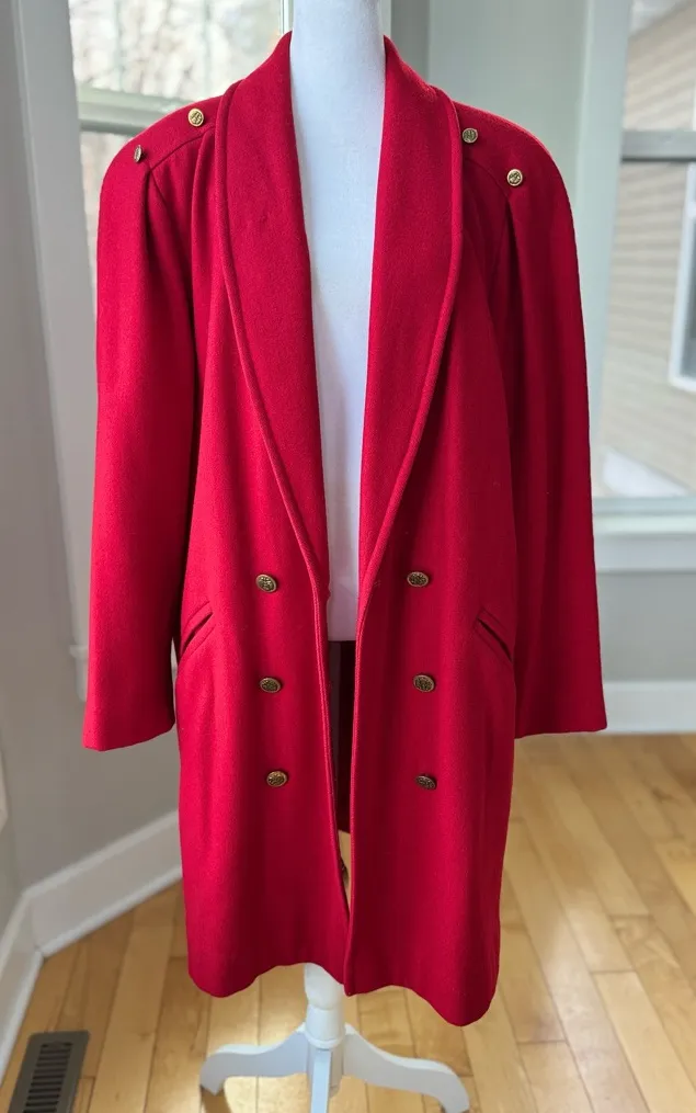 Vintage Michelle Stuart Cardinal Red Double Breast Shawl Collar Wool Trench Coat Size 10 - Image 1
