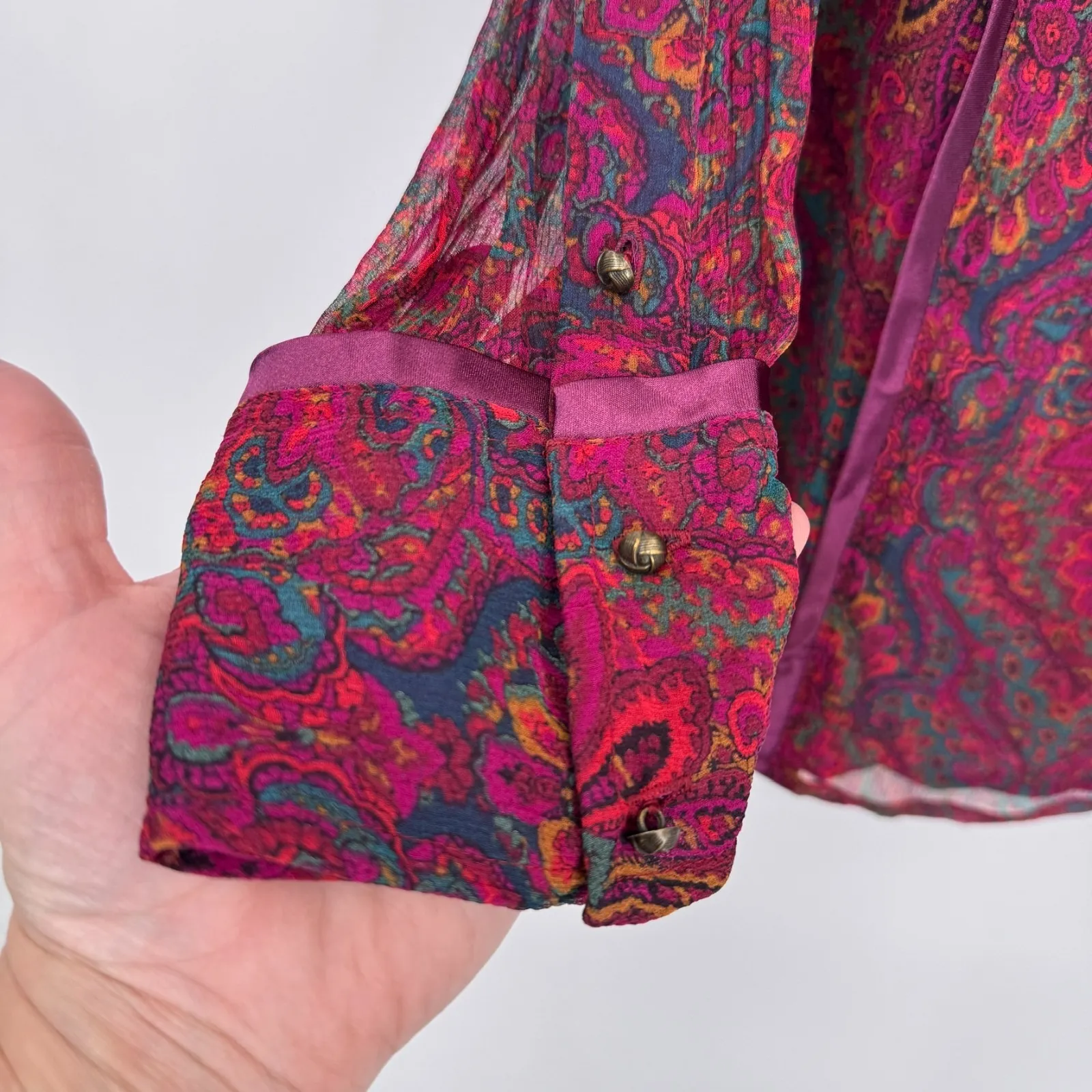 Vintage Coldwater Creek Button Front Top Womens PXL Pink Paisley Silk Fairy Boho - Image 8
