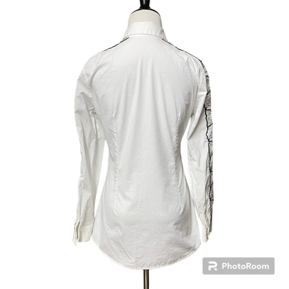 Ann Fontaine White Poplin Shirt Size 36 Black Embroidered Roses Lace Parisian - Image 3