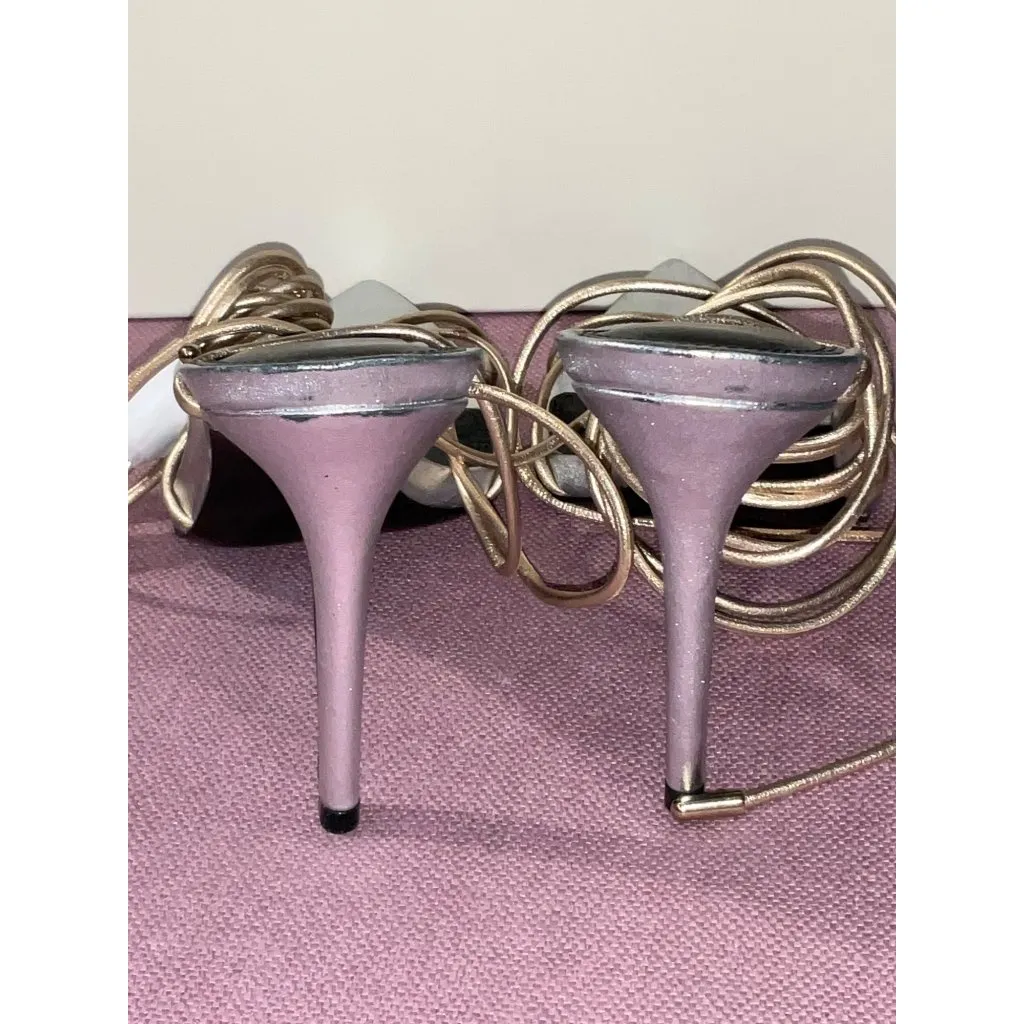 Black Suede Studio Talia Heel Pointy Sandal in Silver Gold 39 New with Box Women Size 8 - Image 8