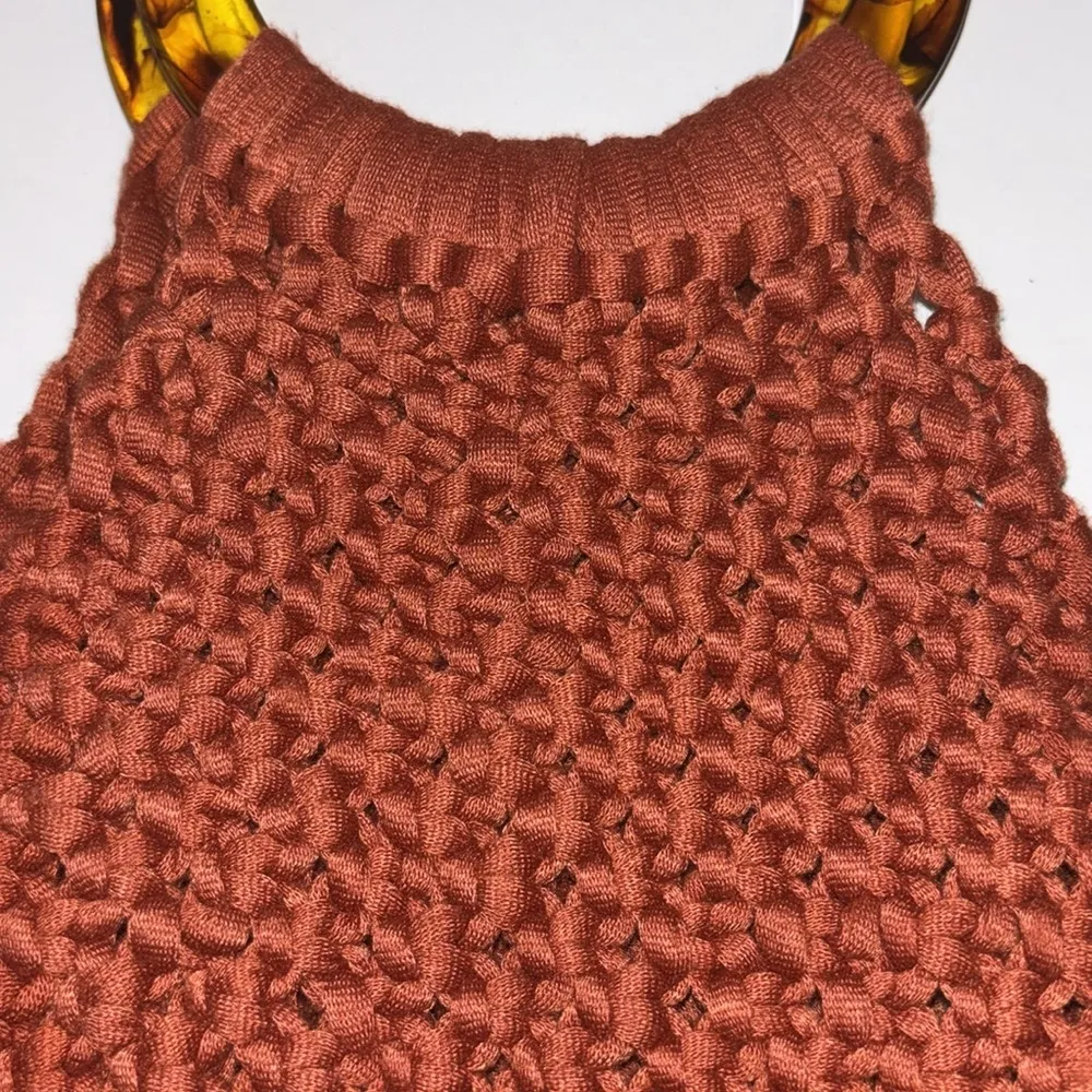 Handcrafted Rust Macrame Bag with Tortoise Acrylic Handle Red - Image 3