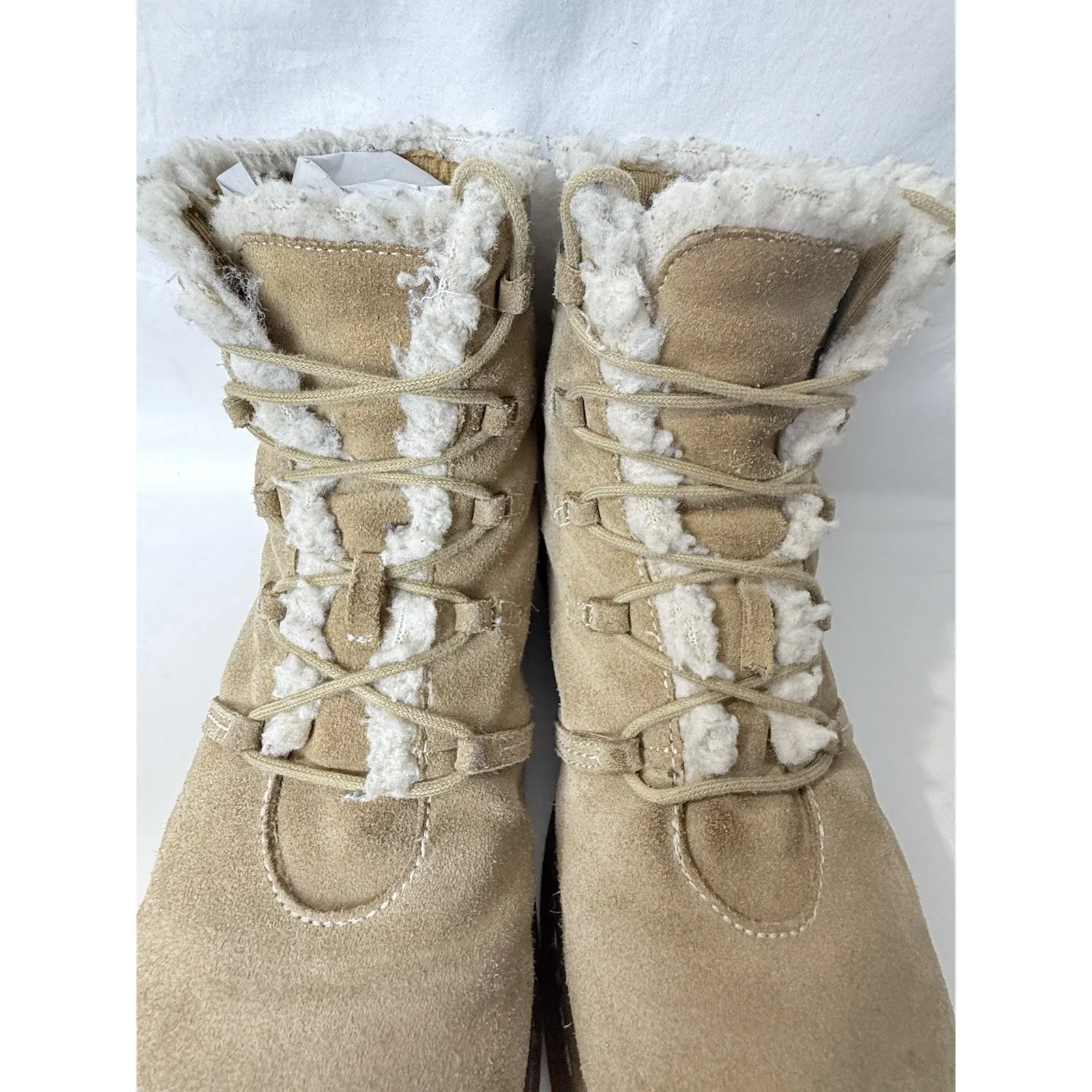 Vintage Y2K Report Suede Leather Platform Boots Womens 8.5 Faux Shearling Tan Brown - Image 6