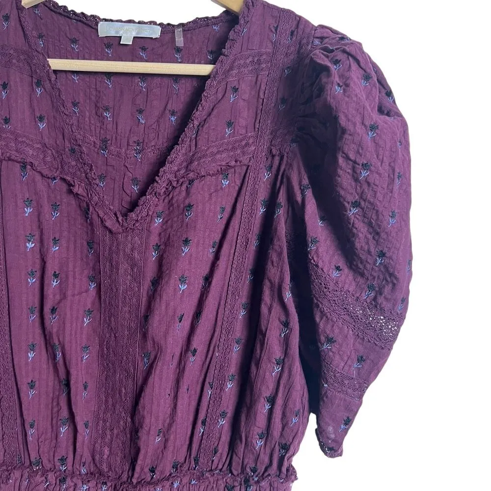 LoveShackFancy Marissa Plum Floral Embroidered Puff Sleeve V-Neck Mini Dress S - Image 6