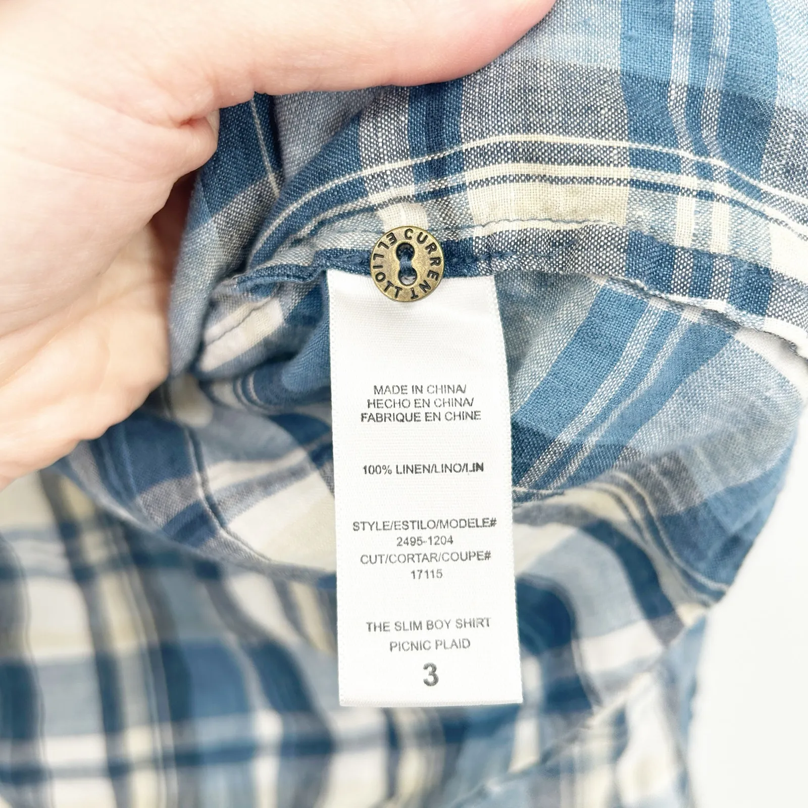 Current/Elliott Womens Western‎ Beachy Slim Boy 100% Linen Picnic Plaid Shirt L - Image 5