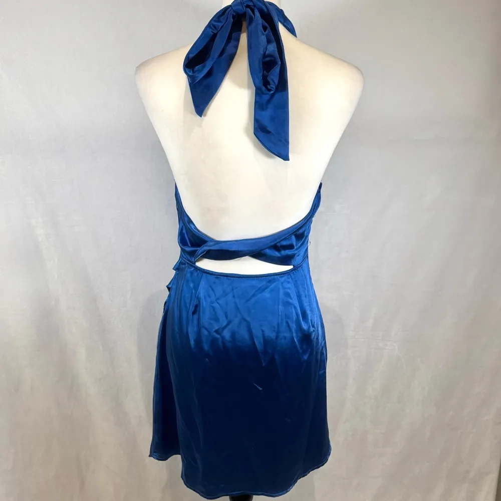 Blue satin halter neck faux wrap twisted backless mini dress size medium - Image 8