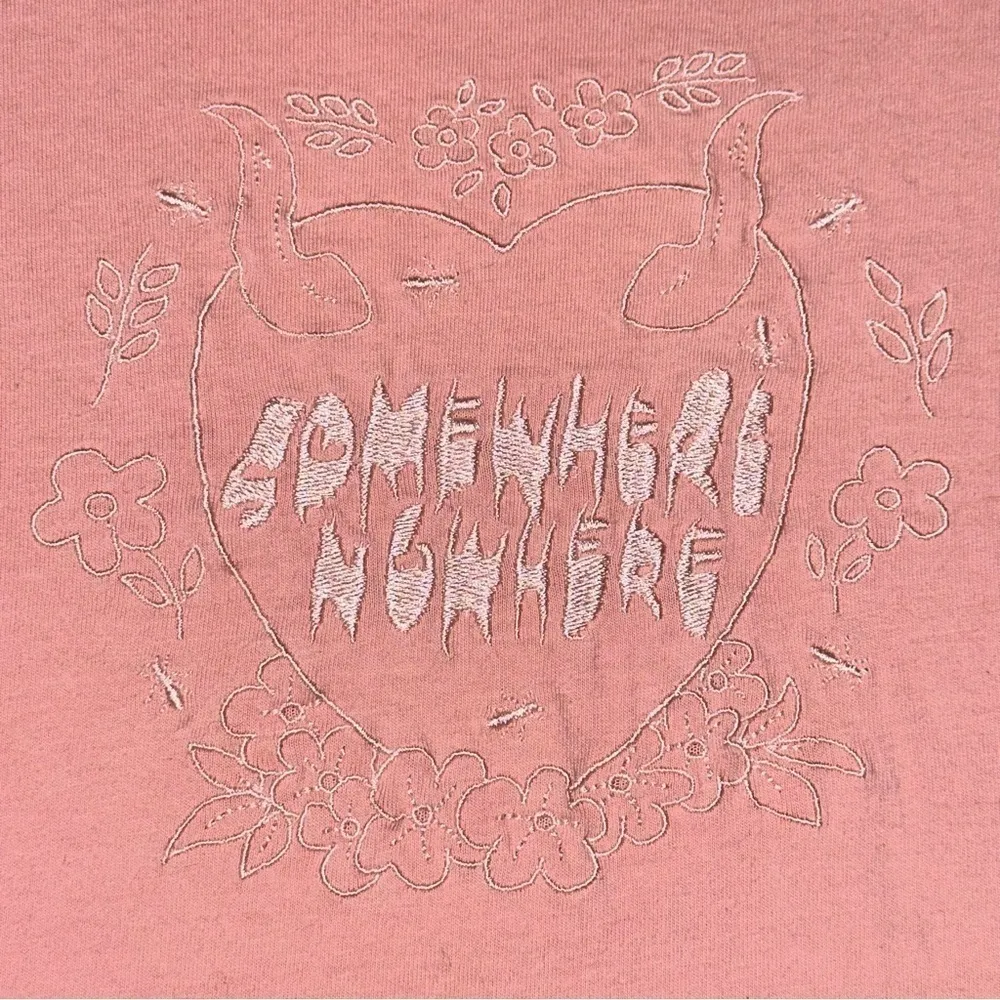 Somewhere Nowhere Womens Size L Pink Logo Floral Heart Horns Embroidered T - Image 4