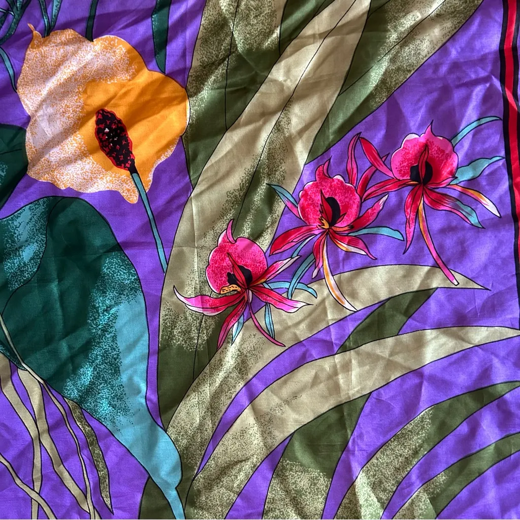 Rene gallet 100% pure silk vintage tropical bird square scarf leaves flowers Purple - Image 7