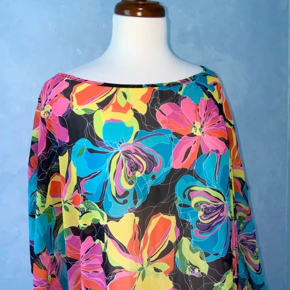Vertigo Semi-Sheer Vibrant Floral Drawstring Cinched Sides Top Or Swim Cover XL - Image 8