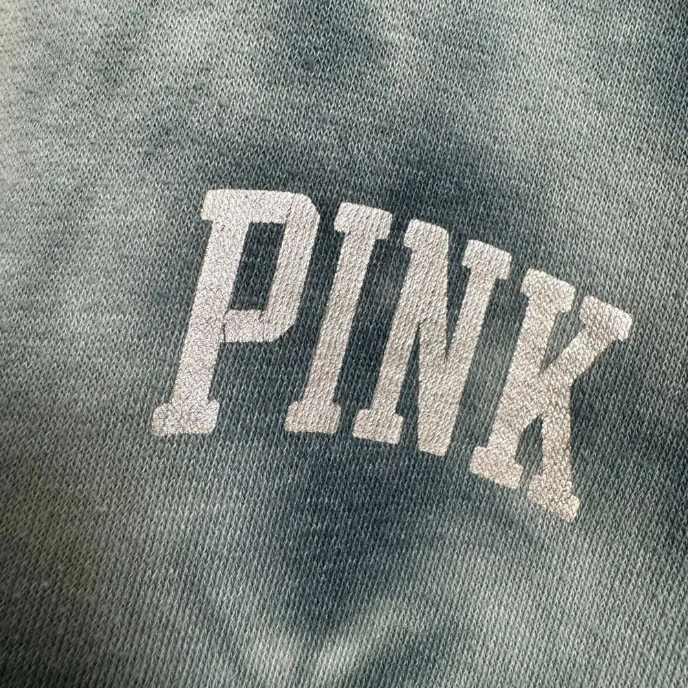PINK Victorias Secret Green Silver Logo Tie Dye Varsity Crew Sweatshirt Medium - Image 3