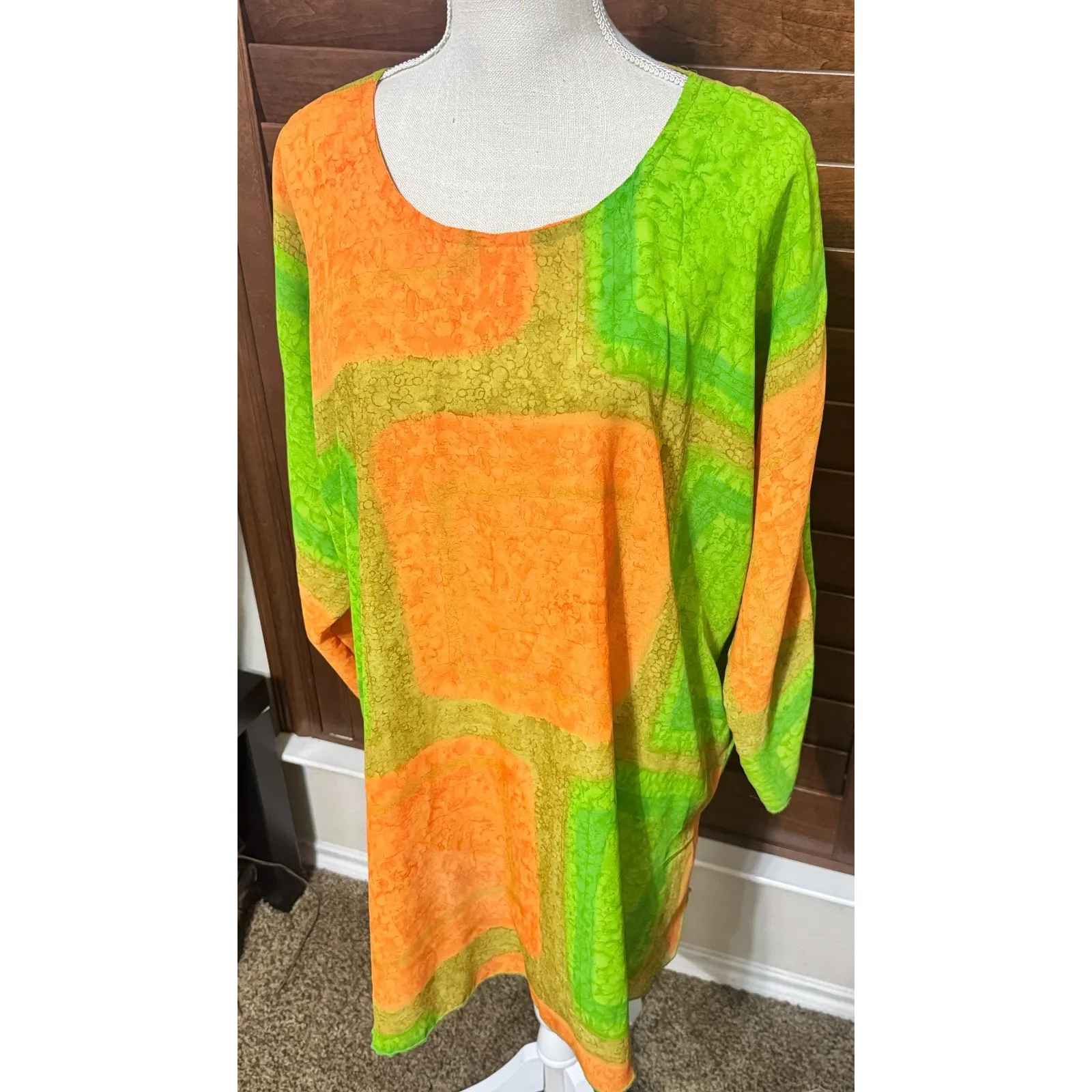 VTG 70s House of Ross Dallas Psychedelic Shift Dress Neon Orange Green Mod GoGo Size L - Image 3