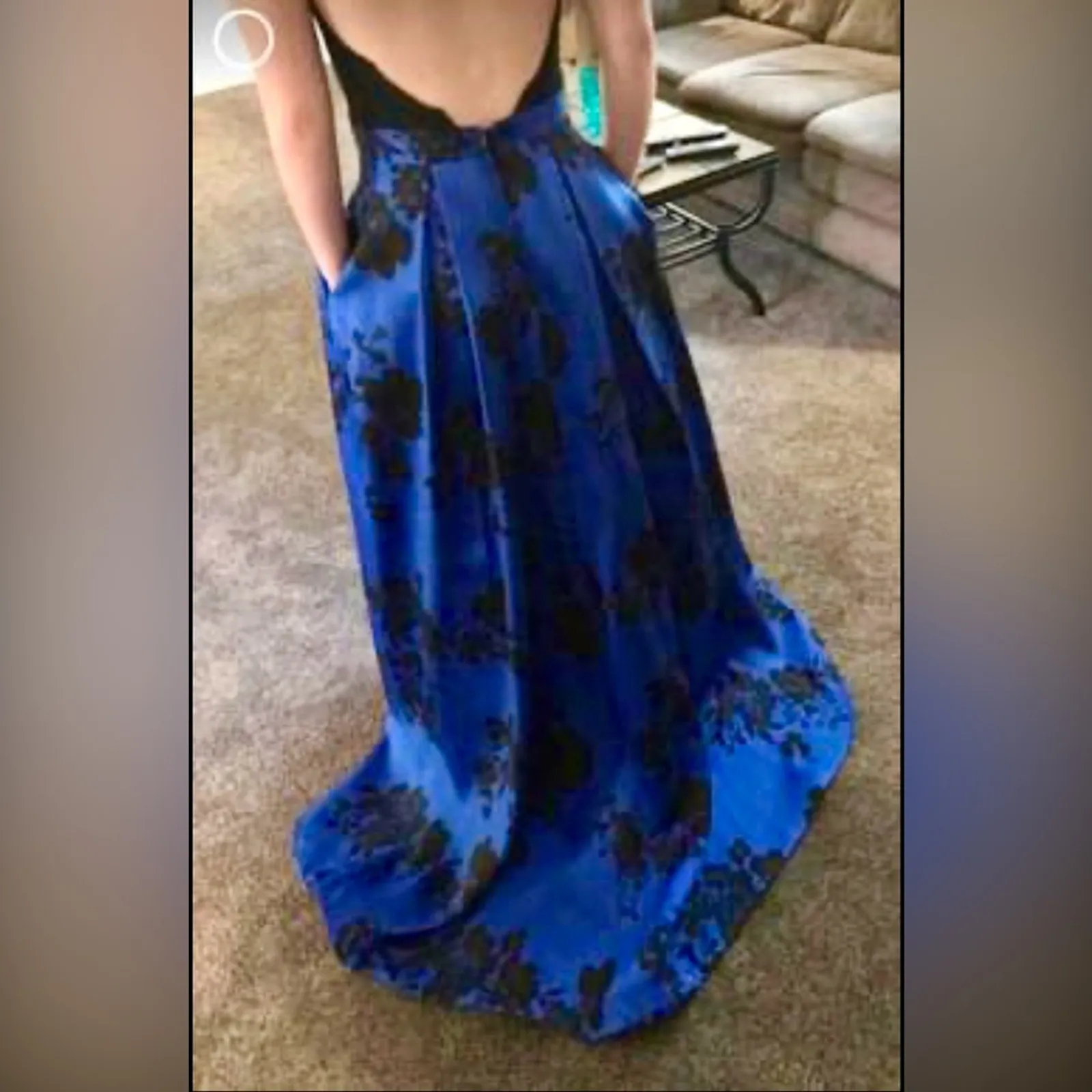 Formal Maxi Dress Women Size 4 Blue Floral Black Lace Pockets Open Back Zip Gown - Image 3