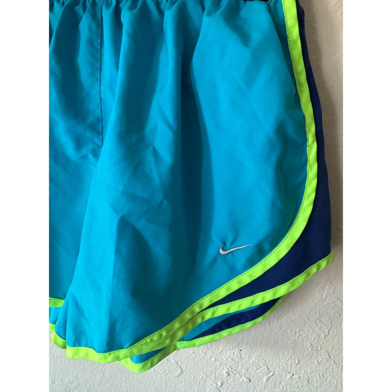 Women's Nike Dri Fit Shorts in Black with Lime Green and Navy Trim, Size M - Image 2