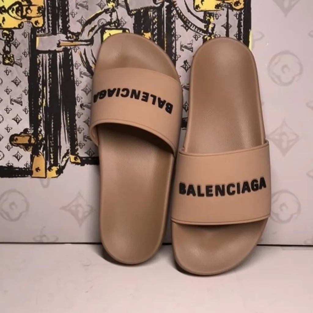 New Authentic BALENCIAGA Rubber Logo Pool Slide Sandals – Beige & Black - Image 5