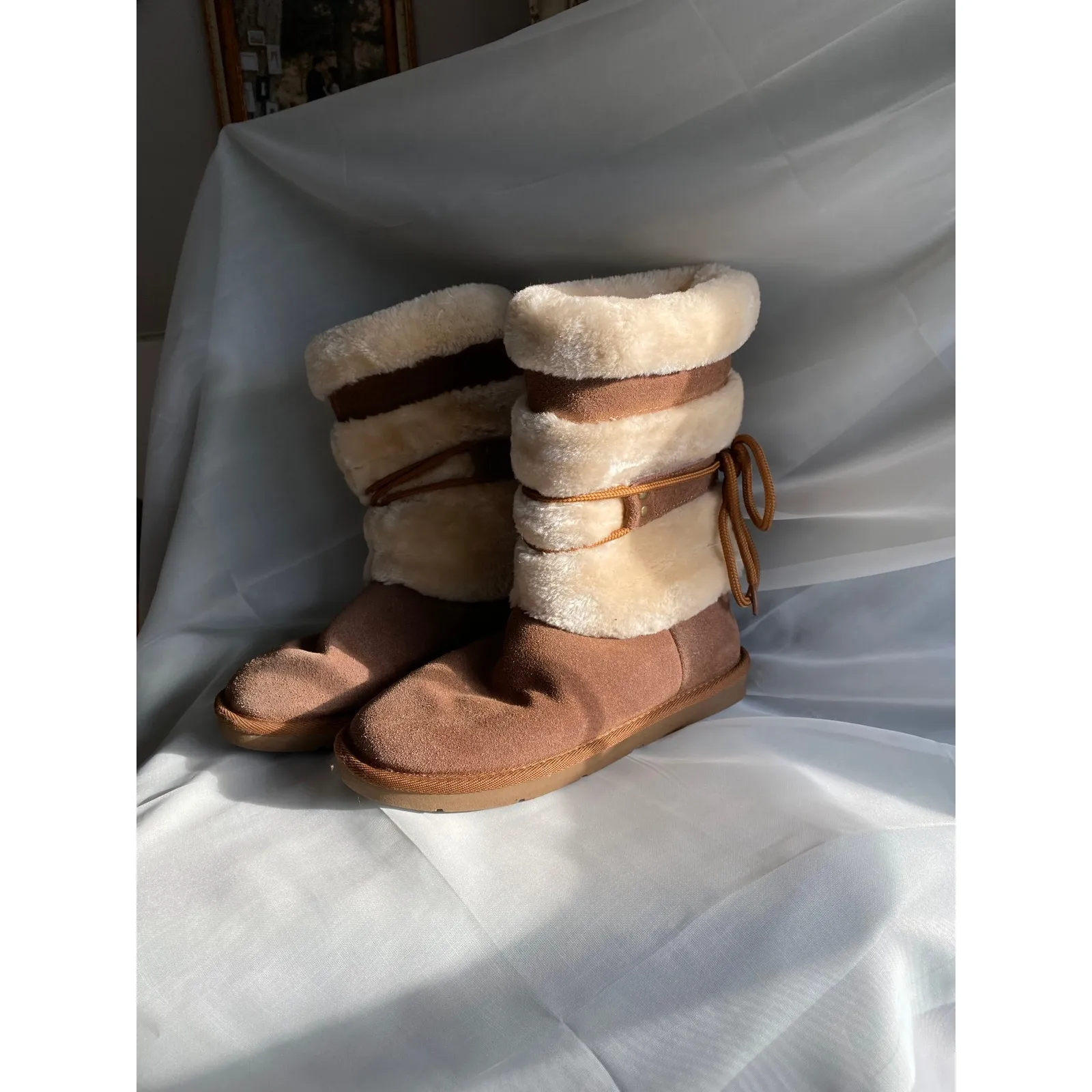 Apres Ski Suede Shearling Tan Winter Boots 7 Nordic Cabin Boho Heritage Mountain - Image 3