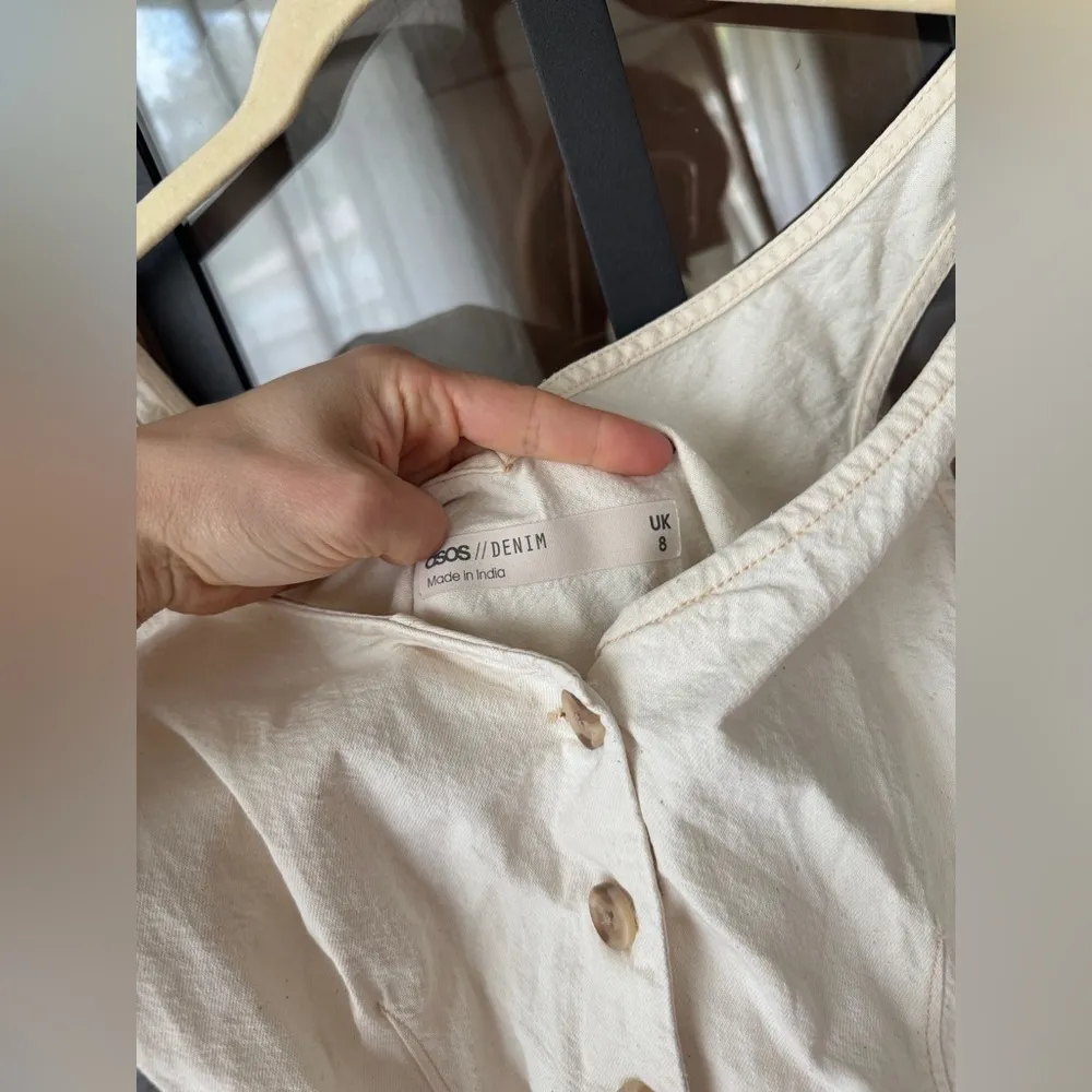 ASOS denim jumpsuit oatmeal wide leg straight beige lineny sleeveless pockets - Image 8