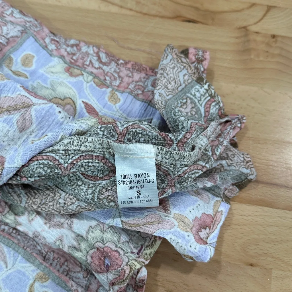 Karlie Boho Patchwork Mini Dress Pink Brown Floral Tiered Babydoll Size Small - Image 7