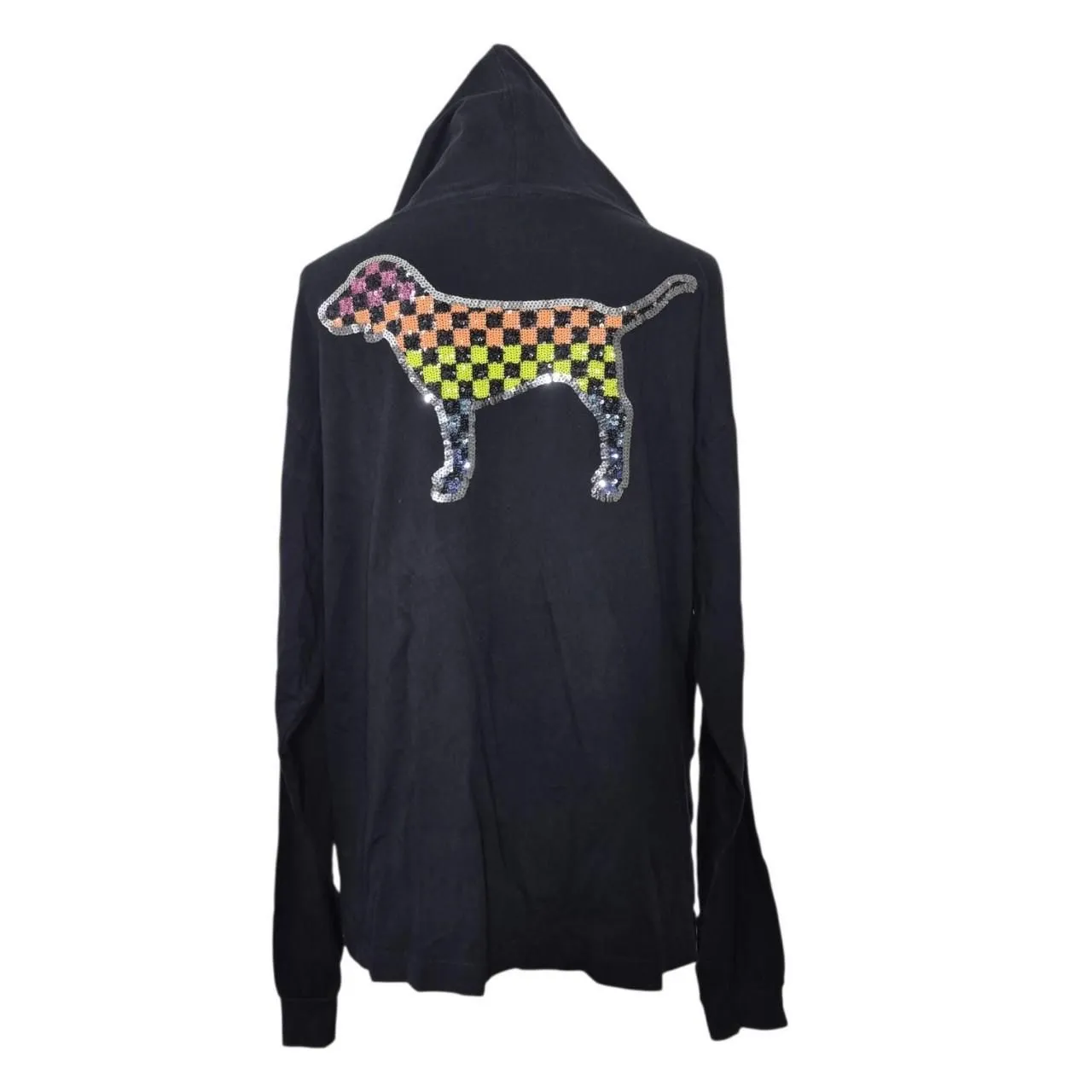 Victoria’s Secret PINK Long Sleeve Hooded Top Bling Rainbow Checkered Dog Large - Image 2