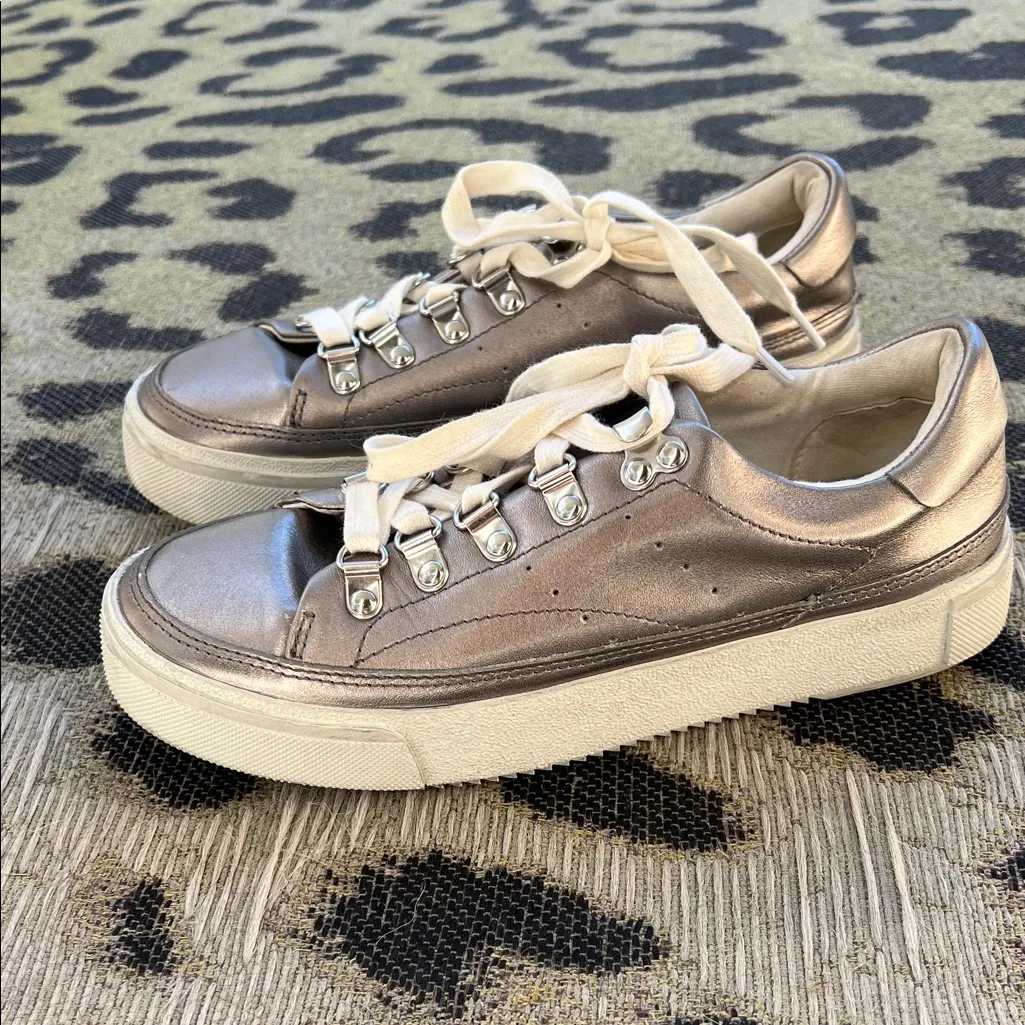 All Saints Quinn Metallic Silver Sneakers with White Laces - Image 3