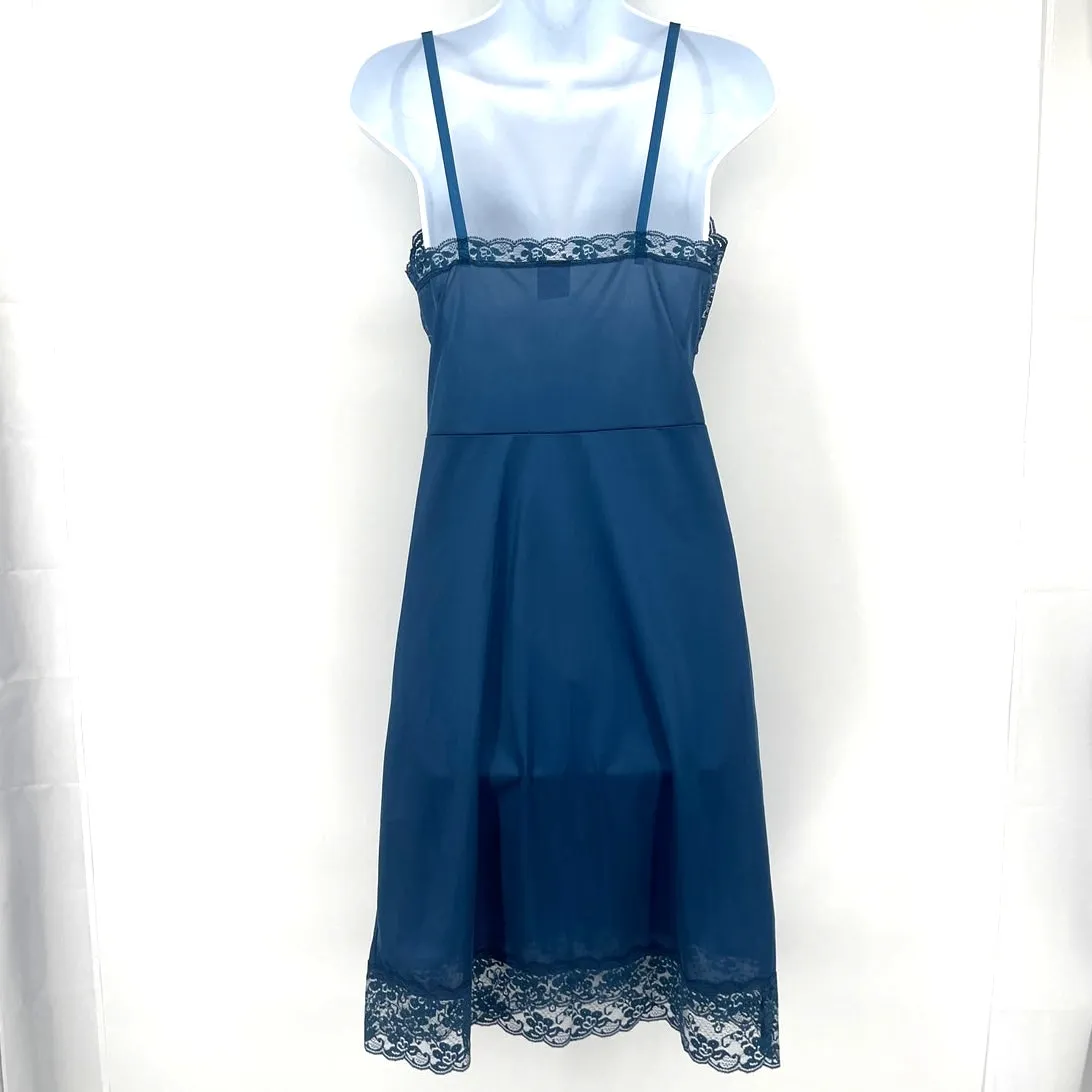 Vtg Val Mode Y2K Slip Dress Sz 32 Coquette Lace Midi Bow 90 Sheer USA Satin Blue - Image 6