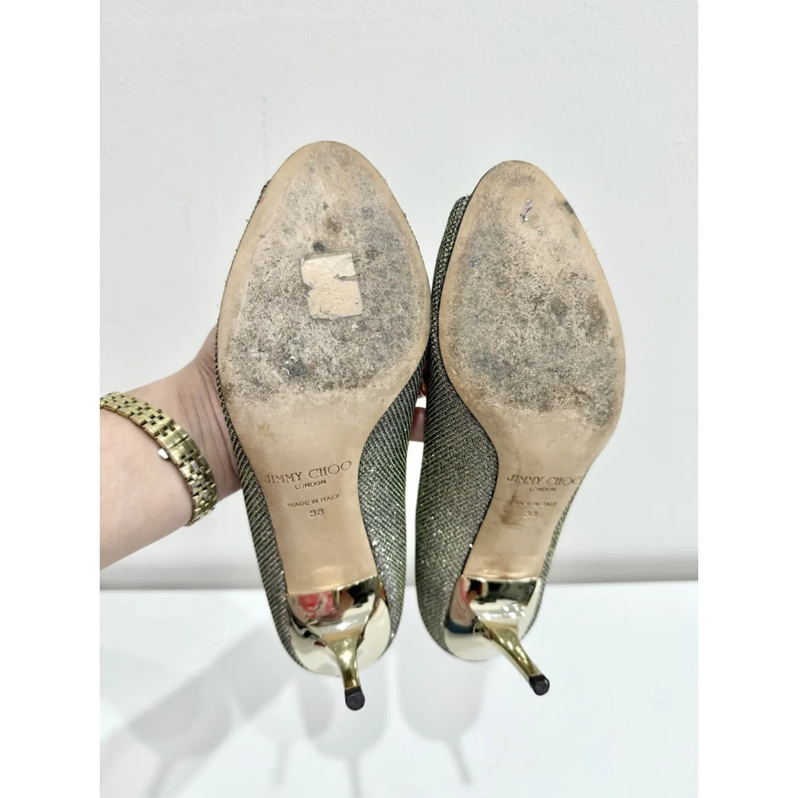 Jimmy Choo Evelyn Metallic Peep Toe Pump Heels Silver Champagne Women's 38/US 8 - Image 6