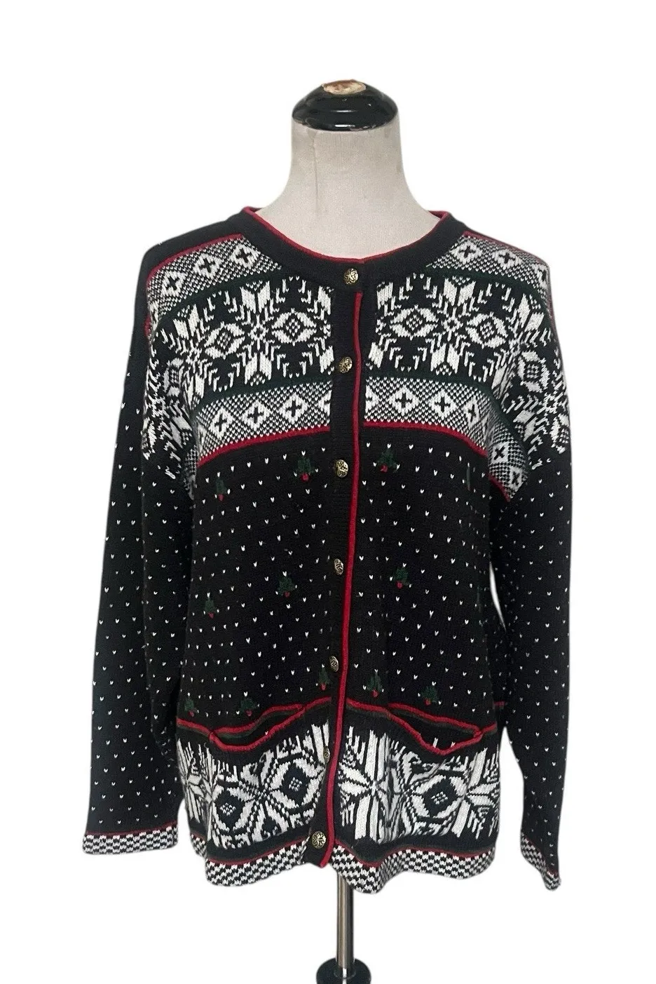 Koret Vintage Christmas Cardigan Sweater size Medium Fair Isle Snowflake Granny Blue - Image 1