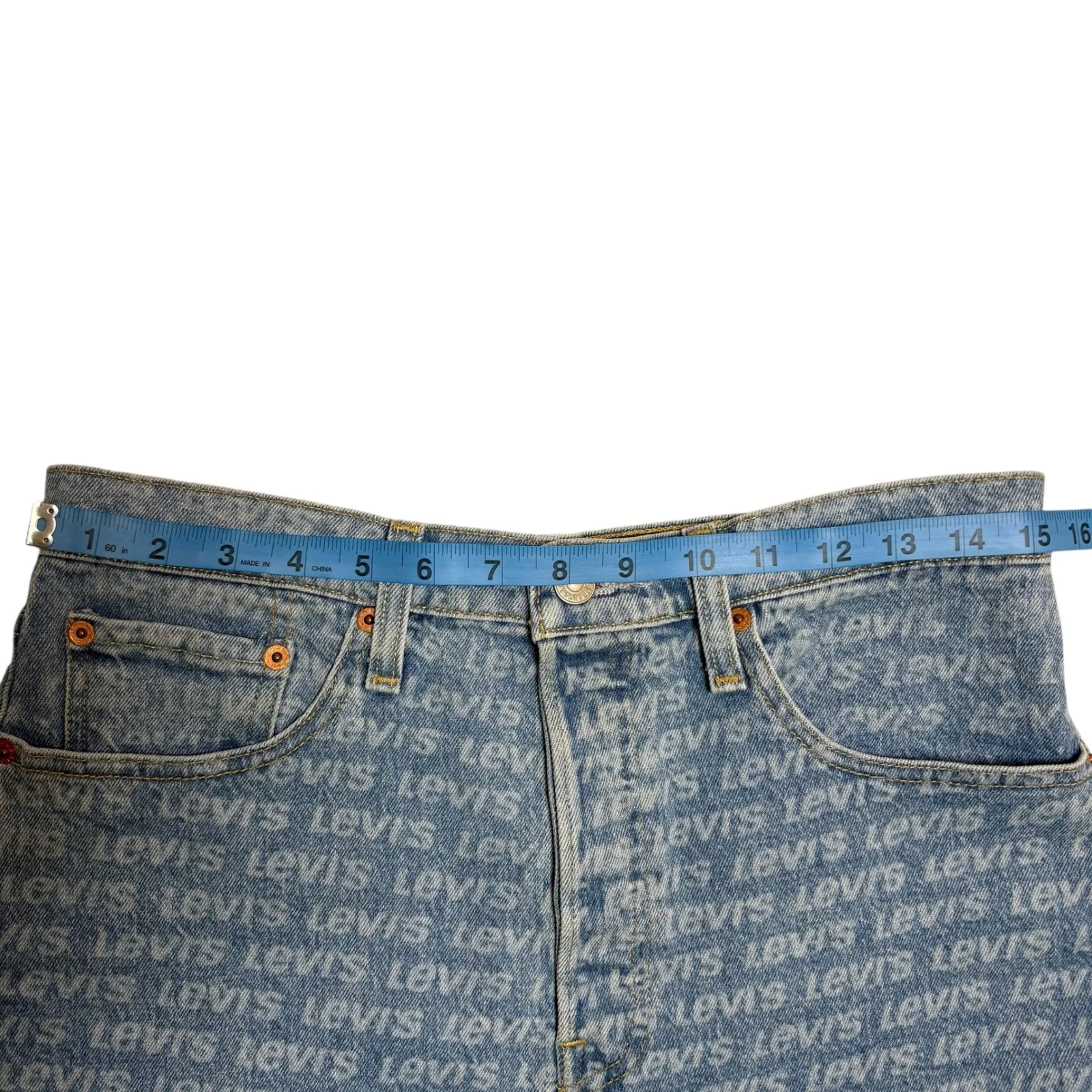 Levi's 501 Denim High Rise Cutoff Shorts All Over Logo Print Frayed Hem Size 29 - Image 4