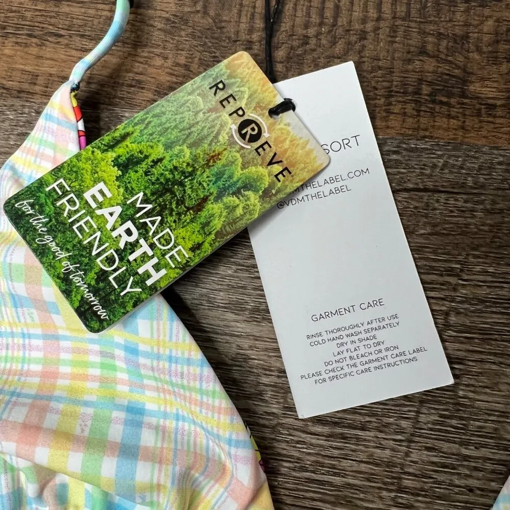 NWT Revolve VDM The Label Ziggy Reversible Bikini Top Pastel Plaid Retro Floral Pink Size XL - Image 6