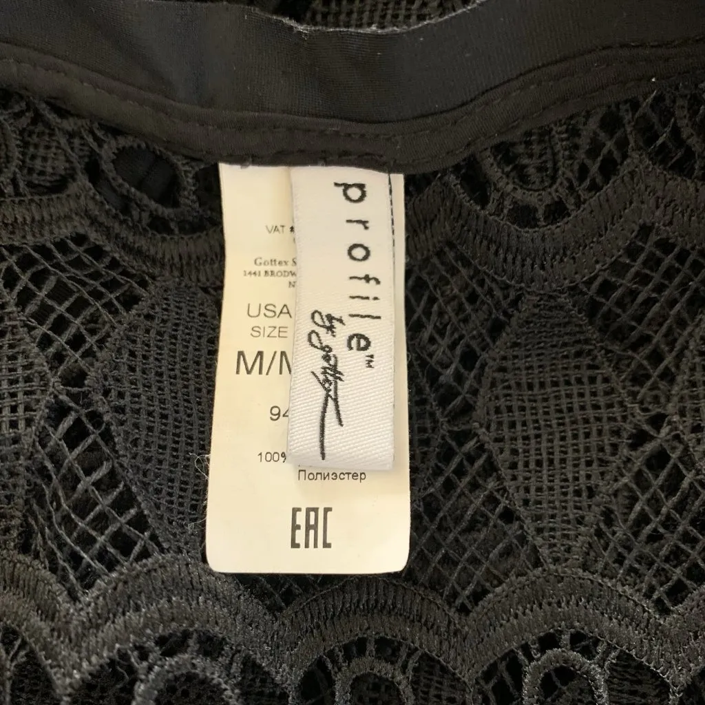 Profile By Gottex Black Crochet‎ Lace Cover Up Dress Medium Deep V Swim Beach - Image 4