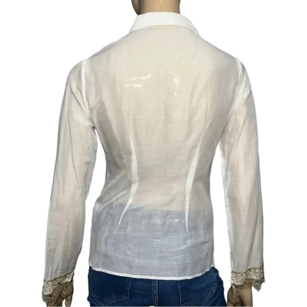 D. Exterior Womens S Ivory Cream Cotton Silk Blend Semi Sheer Button Front Shirt Gold - Image 4
