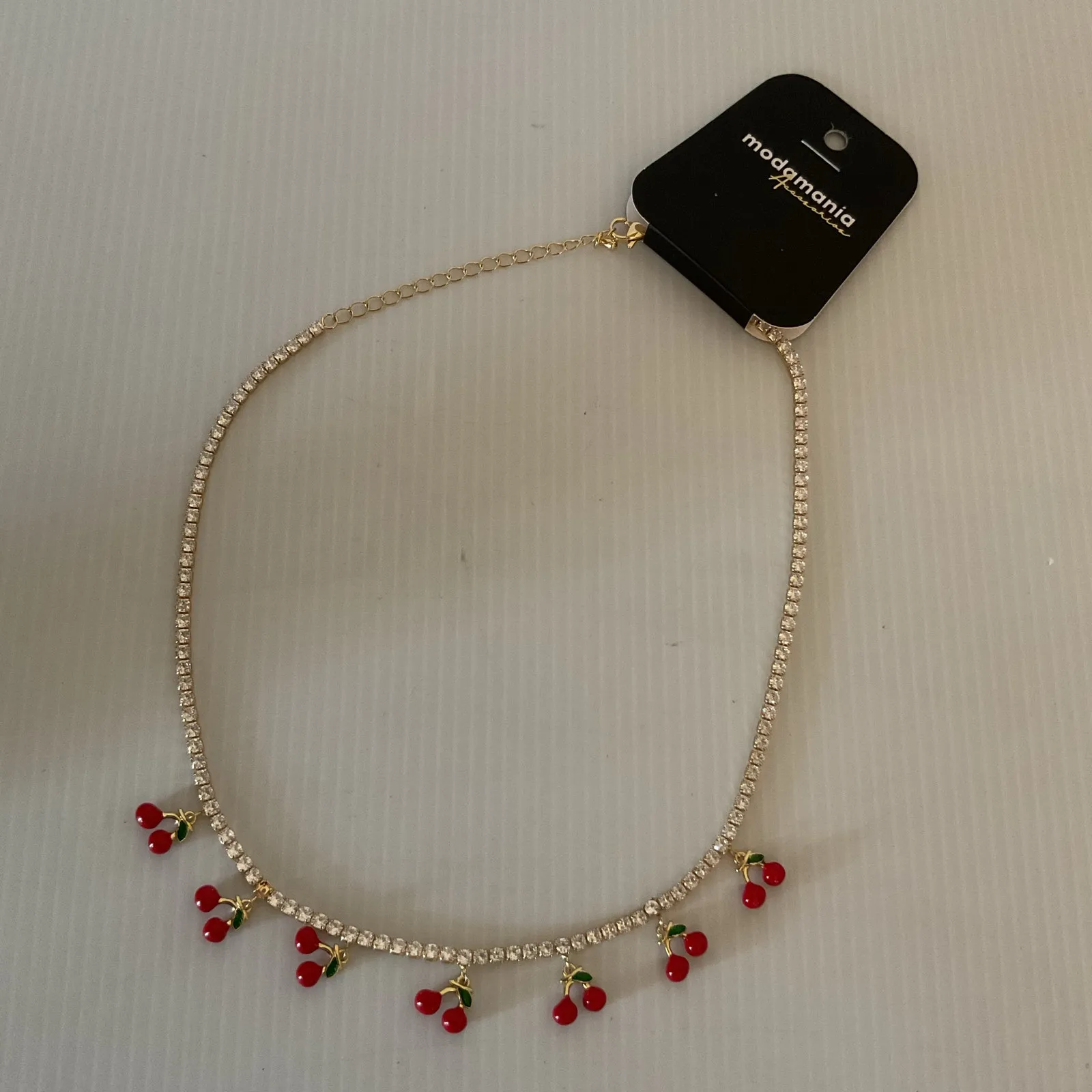 Rhinestone Tennis Necklace with Cherry Charms Gold Tone Statement Jewelry NWT - Image 3
