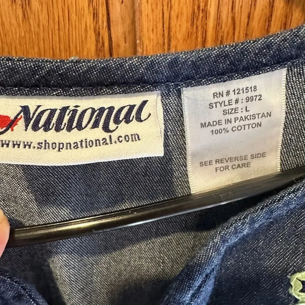 Vintage 90s National Floral Pink Flower Embroidered Blue Denim Muumuu Dress Sz L Size L - Image 4